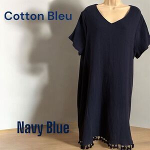 Cotton Bleu 100% Cotton Navy Blue V-Neck Short Sleeve Shift Dress Side Pockets